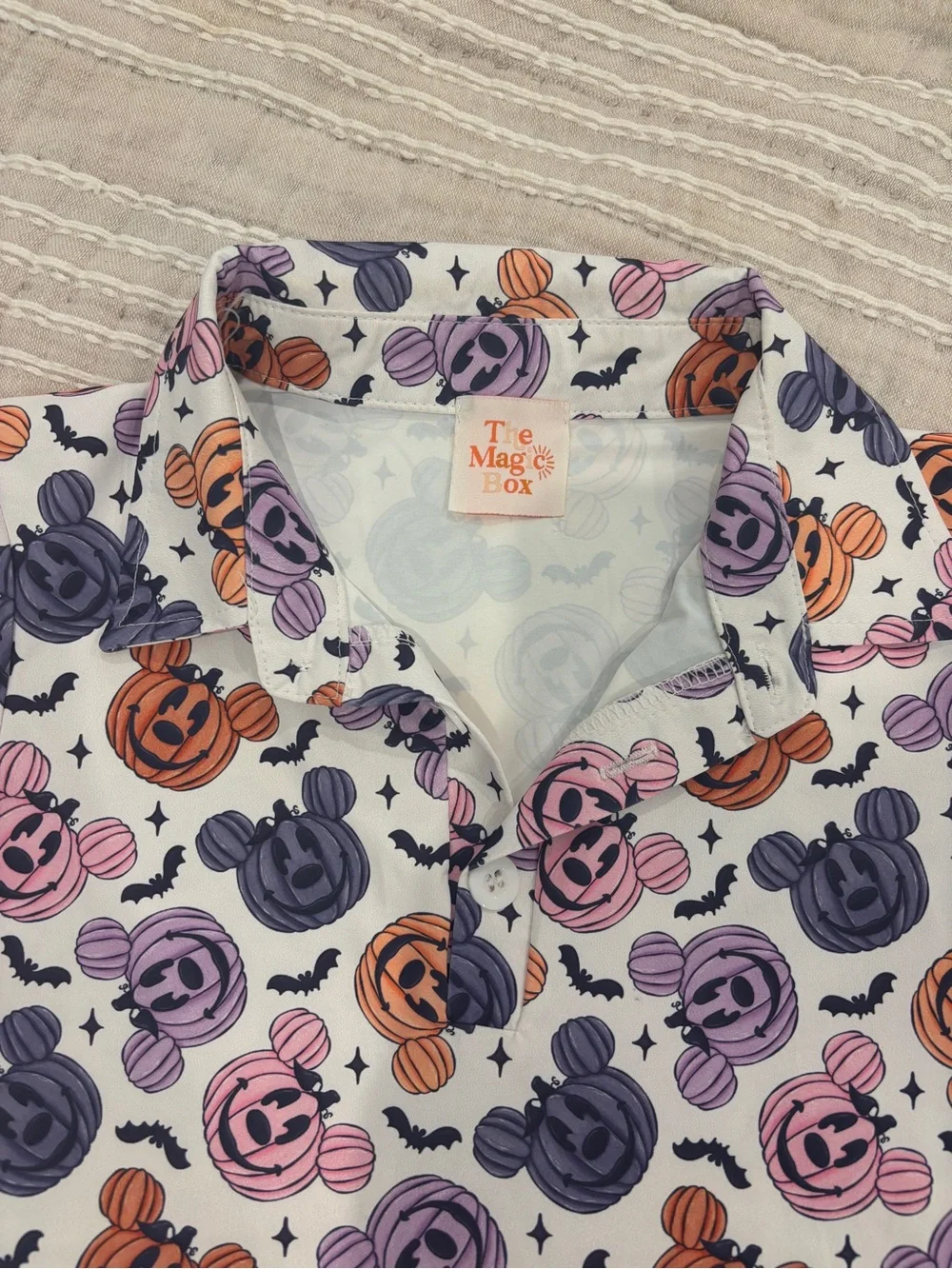 Kids' Halloween Polo in White with Orange, Purple & Pink Pumpkins